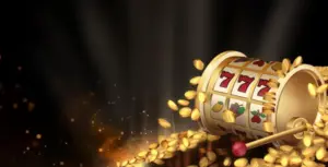 Изображение игрового автомата, выбрасывающего монеты с видимым числом 777, рекламирующее бесплатные вращения в Иззи с захватывающим дизайном.